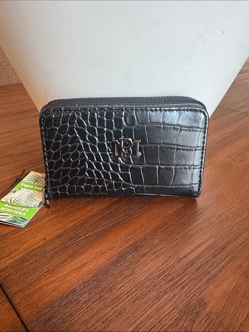 Badgley Mischka Black Croc-Embossed Zip Wallet with Silver Logo